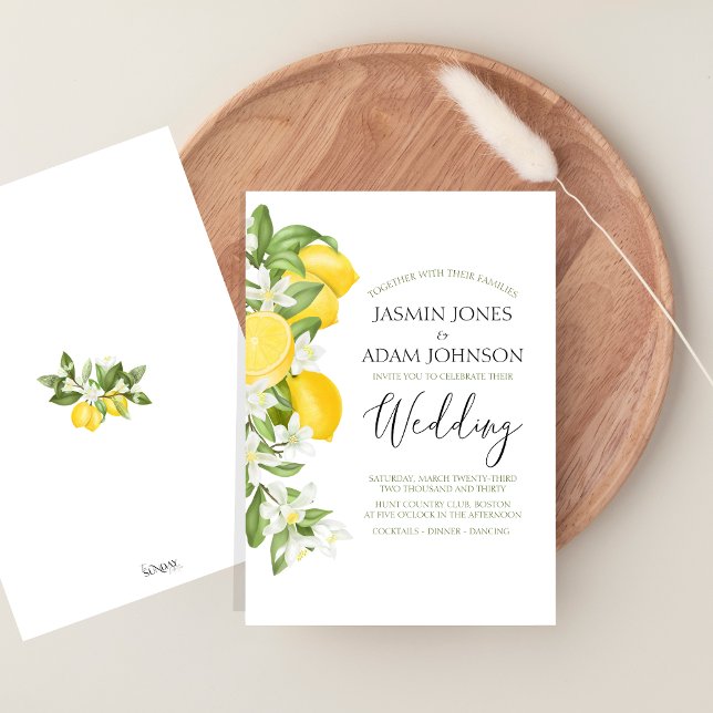 Vibrant Citrus Lemon Greenery Wedding Invitation (Citrus Lemons and Greenery Summer Fruits Wedding Invitation)