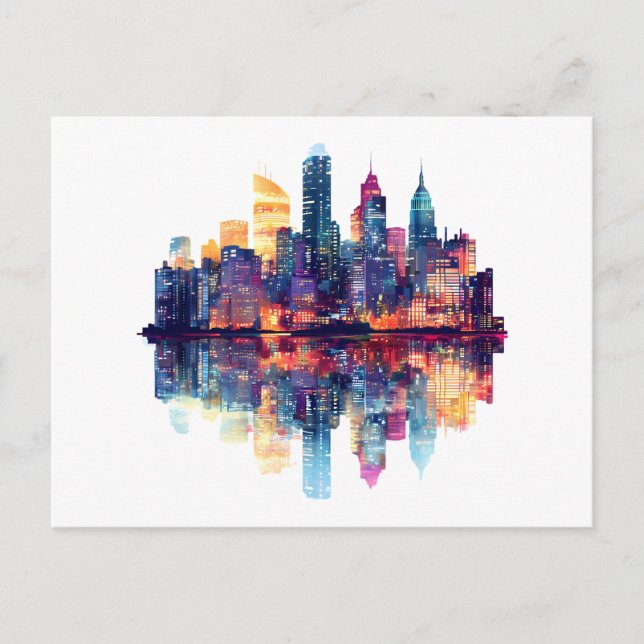 Vibrant City Skyline at Night Reflections Postcard (Front)