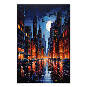 Vibrant Cityscape at Night Urban Art Photo Print