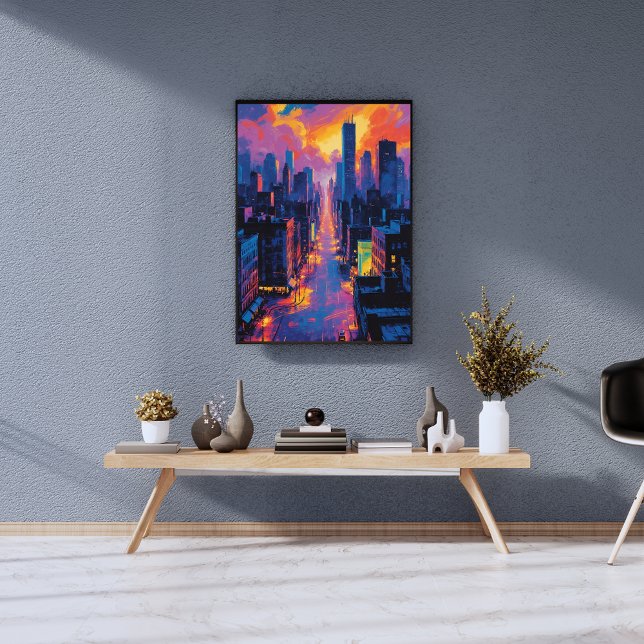Vibrant Cityscape at Sunset Neon Lights Digital  Photo Print (Creator Uploaded)