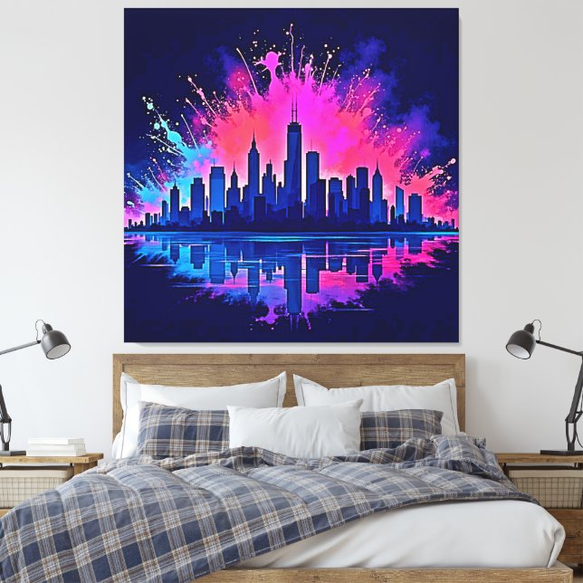 Vibrant Cityscape Splash Art Canvas Print (Insitu(Bedroom))