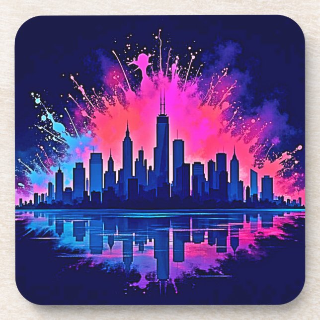 Vibrant Cityscape Splash Art Coaster (Front)