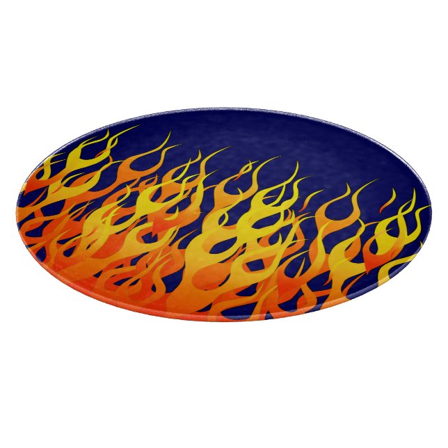 Vibrant Classic Racing Flames on Navy Blue Cutting Board (Corner)