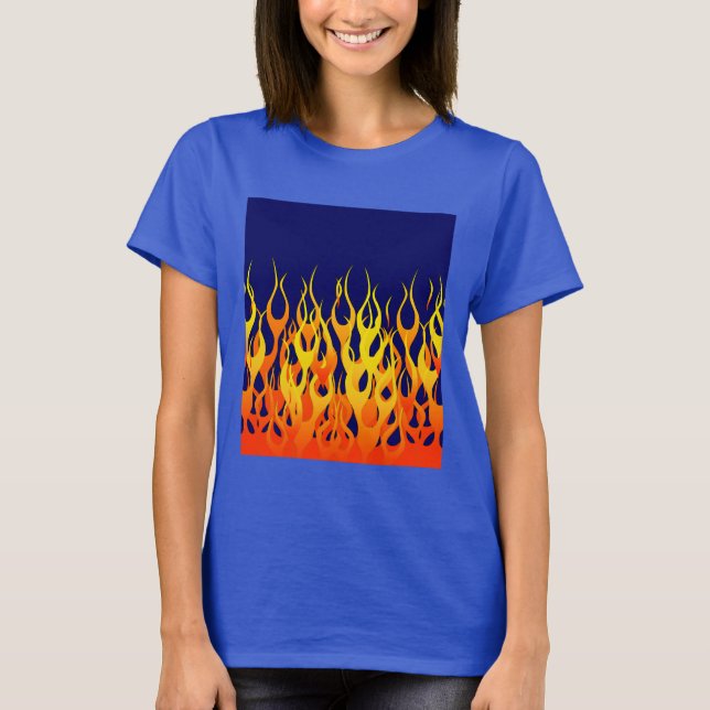 Vibrant Classic Racing Flames on Navy Blue T-Shirt (Front)