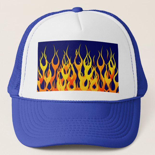 Vibrant Classic Racing Flames on Navy Blue Trucker Hat (Front)