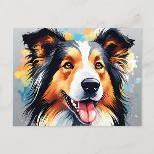 Vibrant Collie Dog Watercolor Portrait Postcard