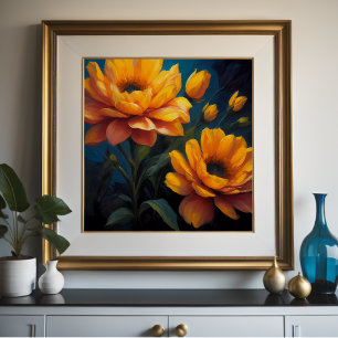Vibrant Color Yellow Orange Flowers on Blue 1:1 Poster