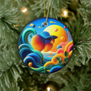Vibrant Colored Glass Abstract Betta Fish Ceramic Ornament