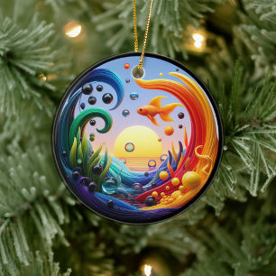 Vibrant Colored Glass Abstract Goldfish  Ceramic Ornament