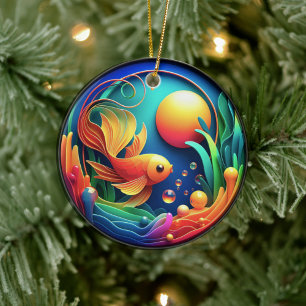 Vibrant Colored Glass Abstract Goldfish Ceramic Ornament