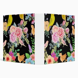 Vibrant Colorful Birds and Flowers Art on Black Binder