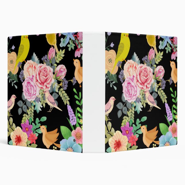 Vibrant Colorful Birds and Flowers Art on Black Binder (Background)
