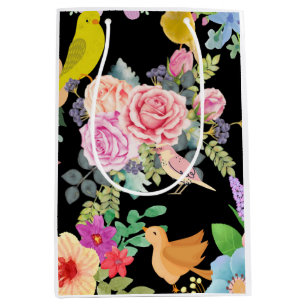 Vibrant Colorful Birds and Flowers Art on Black Medium Gift Bag
