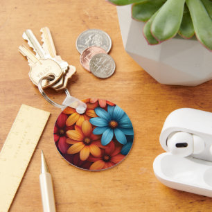 Vibrant Colorful Daisy, Blue, Yellow, Orange Color Keychain
