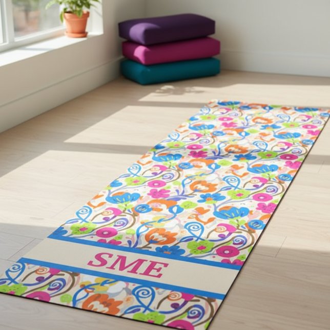 Vibrant Colorful Floral Monogram Yoga Mat (Bright whimsical floral monogram yoga mat)