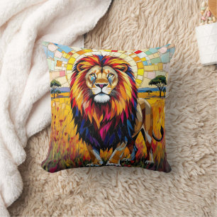 Vibrant Colorful Lion Mosaic Throw Pillow