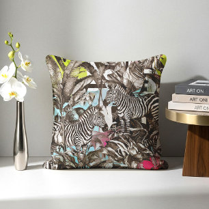 Vibrant Colorful Mixed Zebra Jungle Pattern Throw Pillow