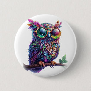 Vibrant Colorful Owl with Vibrant Glasses Design 2 Inch Round Button