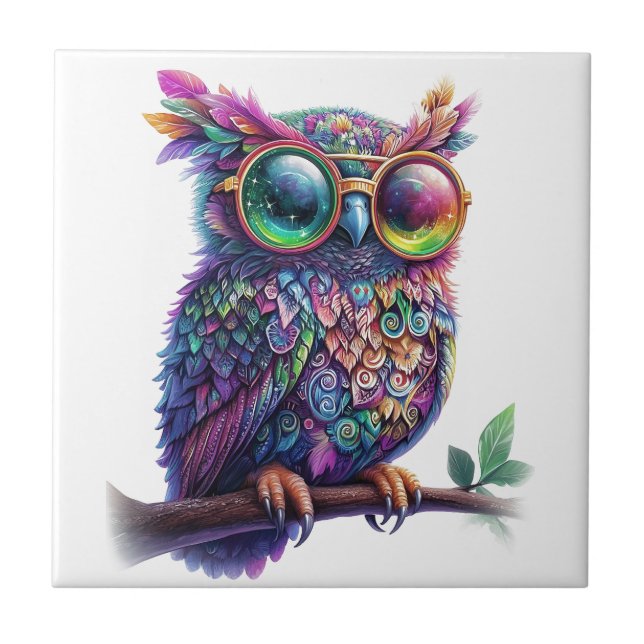 Vibrant Colorful Owl with Vibrant Glasses Design Tile (Front)