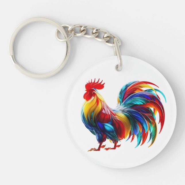Vibrant Colorful Rooster Art Keychain (Front)