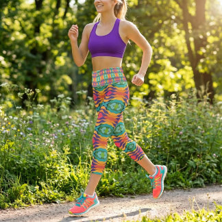 Vibrant Colorful Wavy Geometric Striped Capri Leggings