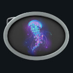 Vibrant Colour Glowing Jellyfish Belt Buckle<br><div class="desc">Large,  blue,  artistically drawn,  glowing,  bright jellyfish,  with long tentacles on black background with purple bioluminescence. Luminous jellyfish.</div>