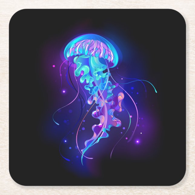Vibrant Colour Glowing Jellyfish Square Paper Coaster (Front)