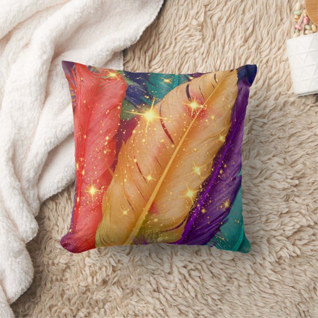 Vibrant Coloured Feathers Throw Pillow (Blanket)