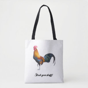 Vibrant coloured rooster stating strut your stuff! tote bag