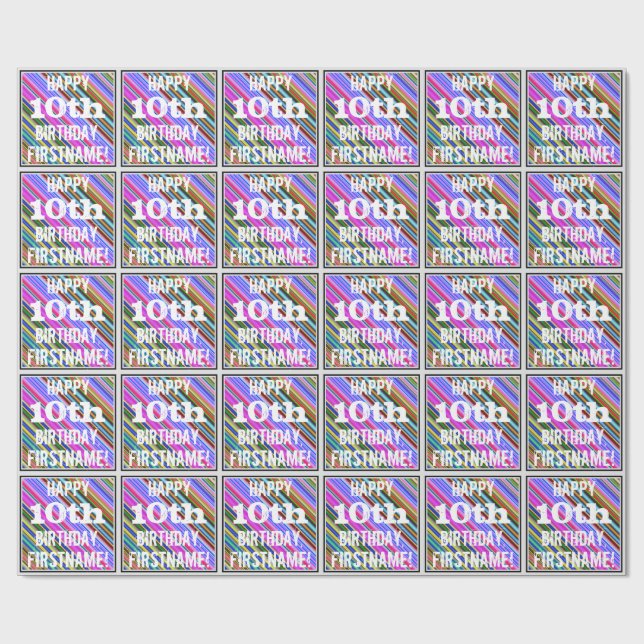Vibrant, Colourful 10th Birthday + Custom Name Wrapping Paper (Flat)