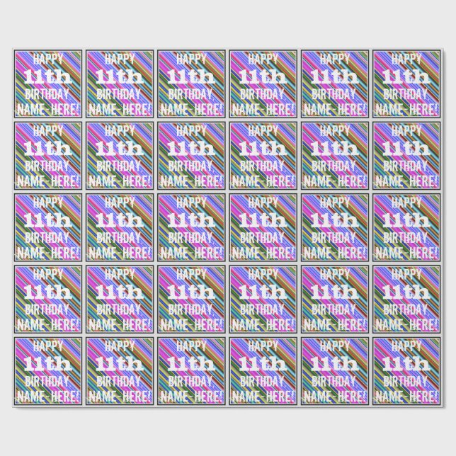 Vibrant, Colourful 11th Birthday + Custom Name Wrapping Paper (Flat)