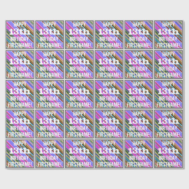 Vibrant, Colourful 13th Birthday + Custom Name Wrapping Paper (Flat)