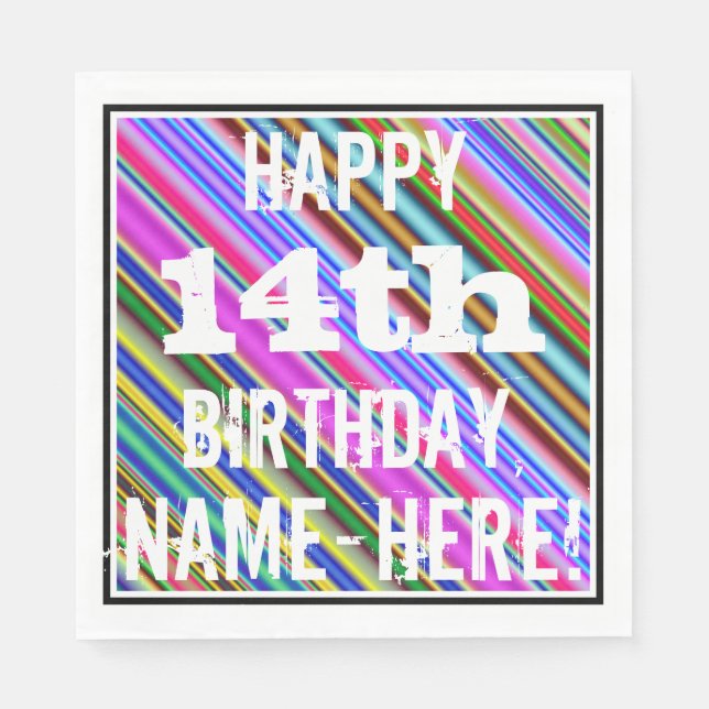 Vibrant, Colourful 14th Birthday + Custom Name Napkin (Front)