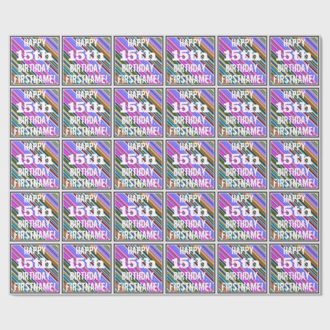 Vibrant, Colourful 15th Birthday + Custom Name Wrapping Paper (Flat)