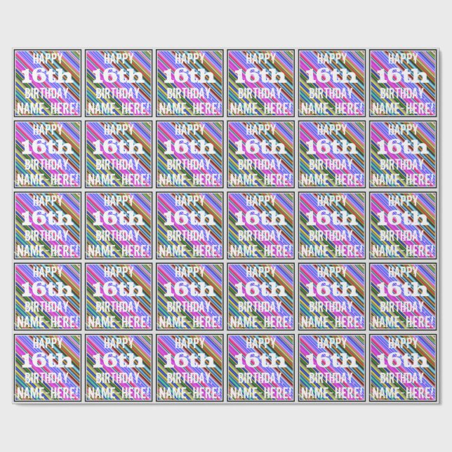 Vibrant, Colourful 16th Birthday + Custom Name Wrapping Paper (Flat)