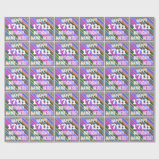 Vibrant, Colourful 17th Birthday + Custom Name Wrapping Paper (Flat)