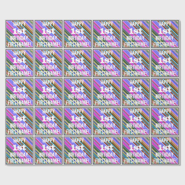 Vibrant, Colourful 1st Birthday + Custom Name Wrapping Paper (Flat)