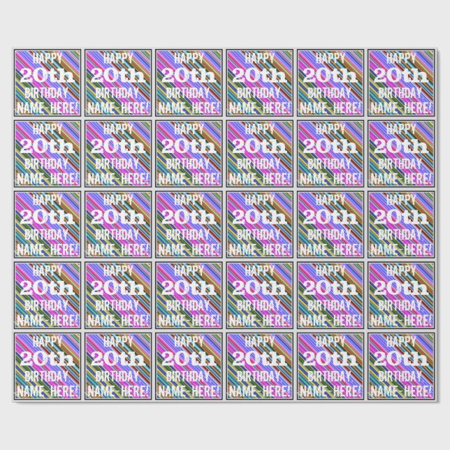 Vibrant, Colourful 20th Birthday + Custom Name Wrapping Paper (Flat)