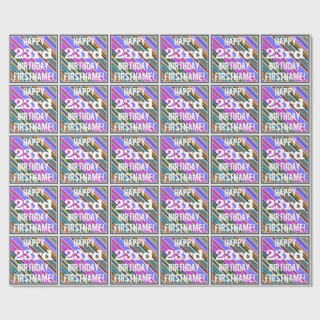 Vibrant, Colourful 23rd Birthday + Custom Name Wrapping Paper (Flat)