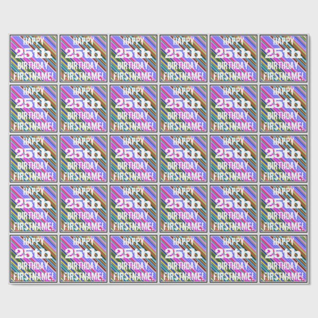 Vibrant, Colourful 25th Birthday + Custom Name Wrapping Paper (Flat)