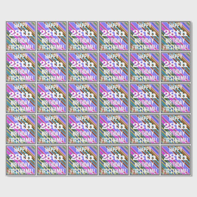Vibrant, Colourful 28th Birthday + Custom Name Wrapping Paper (Flat)
