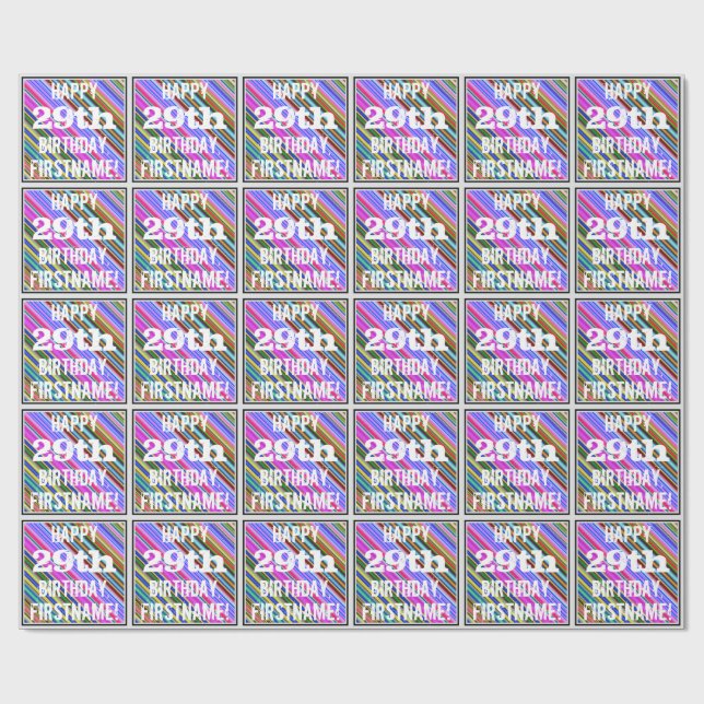 Vibrant, Colourful 29th Birthday + Custom Name Wrapping Paper (Flat)
