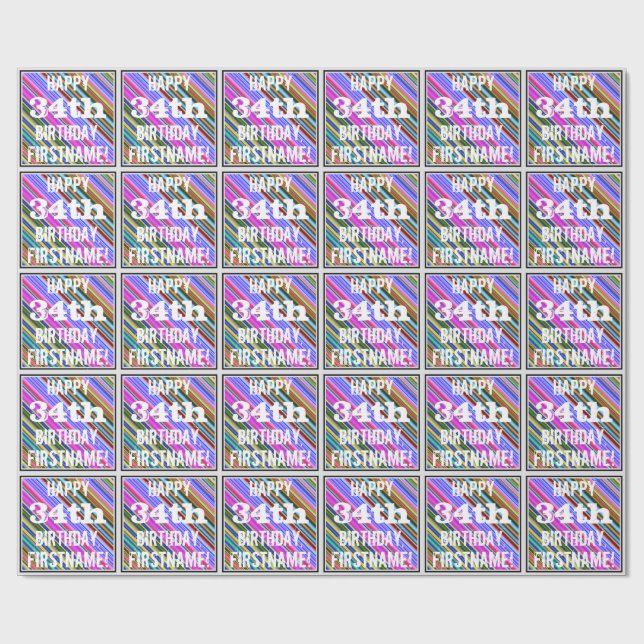 Vibrant, Colourful 34th Birthday + Custom Name Wrapping Paper (Flat)