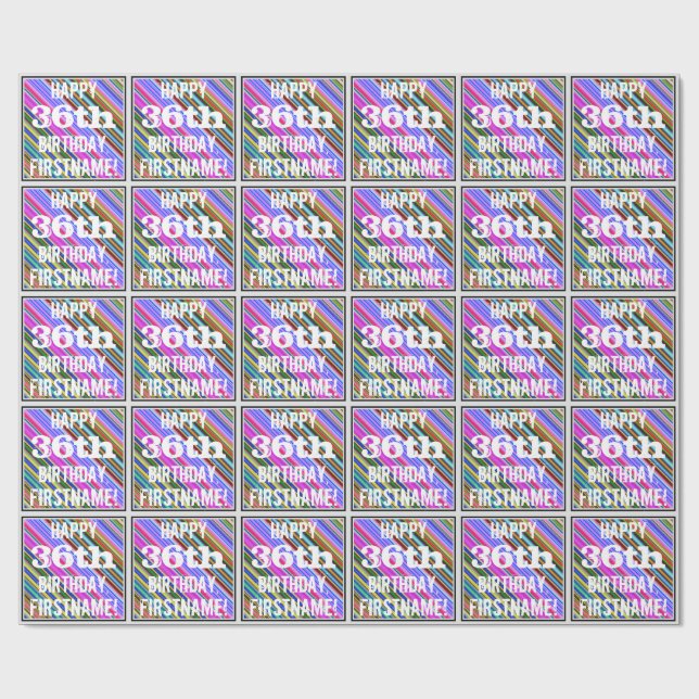 Vibrant, Colourful 36th Birthday + Custom Name Wrapping Paper (Flat)