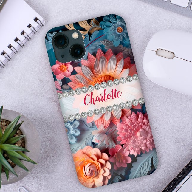 Vibrant colourful 3D flowers, diamond frame custom Case-Mate iPhone Case (Creator Uploaded)
