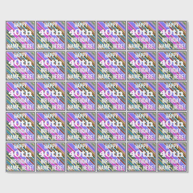 Vibrant, Colourful 40th Birthday + Custom Name Wrapping Paper (Flat)