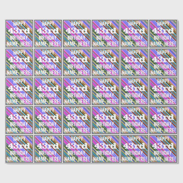 Vibrant, Colourful 43rd Birthday + Custom Name Wrapping Paper (Flat)