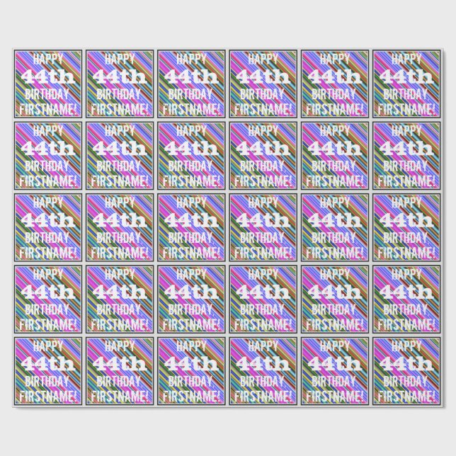 Vibrant, Colourful 44th Birthday + Custom Name Wrapping Paper (Flat)