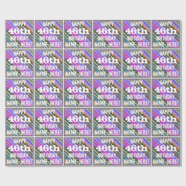 Vibrant, Colourful 46th Birthday + Custom Name Wrapping Paper (Flat)