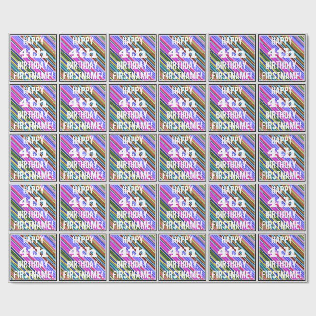Vibrant, Colourful 4th Birthday + Custom Name Wrapping Paper (Flat)